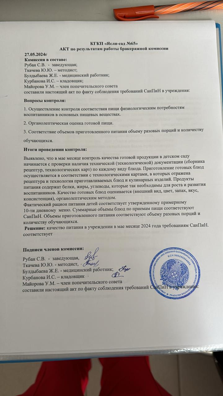 Акт по результатам бракеражной комиссии
