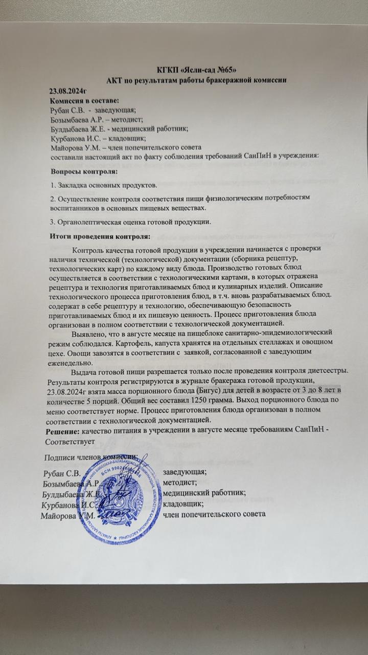 Акт по результатам работы бракеражной комиссии