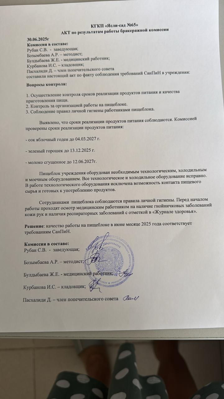 Акт по результатам работы бракеражной комиссии