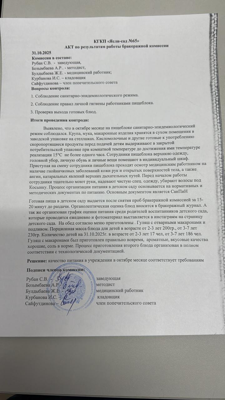 Акт по результатам бракеражной комиссии