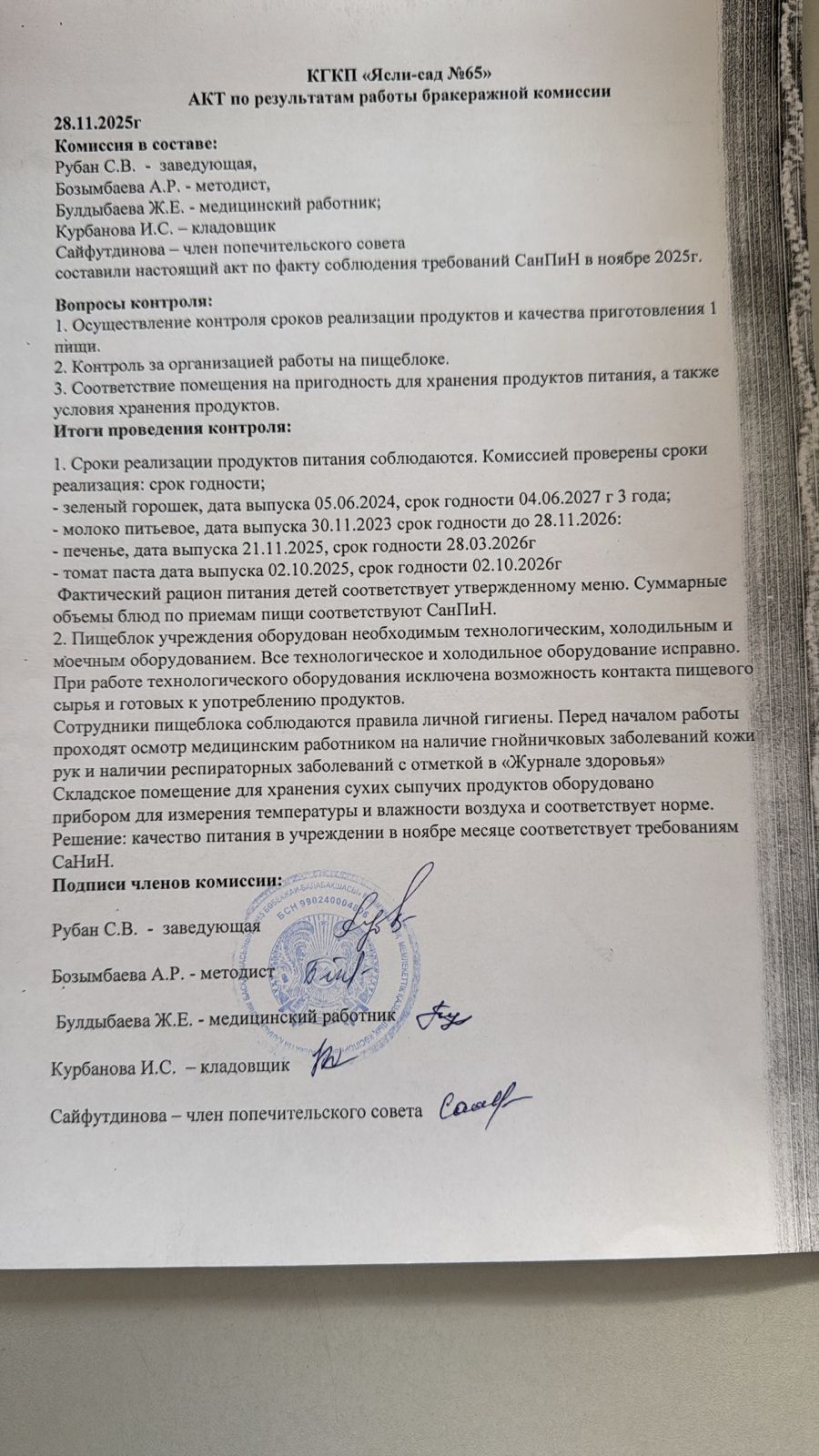 Акт по результатам работы бракеражной комиссии