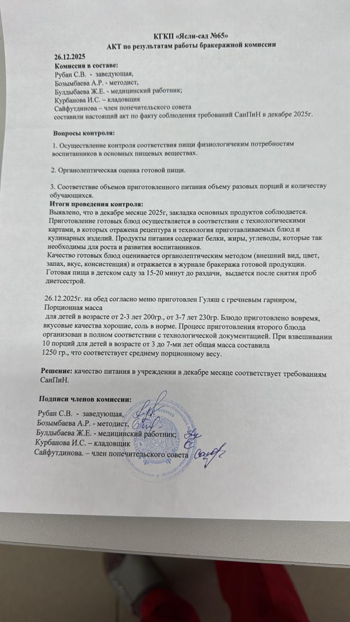 Акт по результатам работы бракеражной комиссии