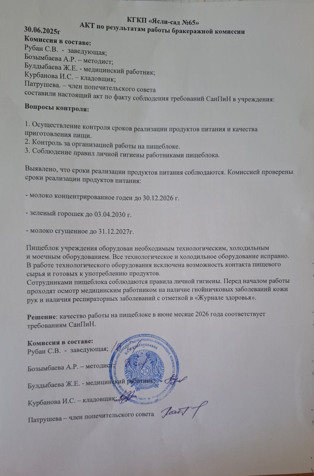 АКТ по результатам работы бракеражной комиссии